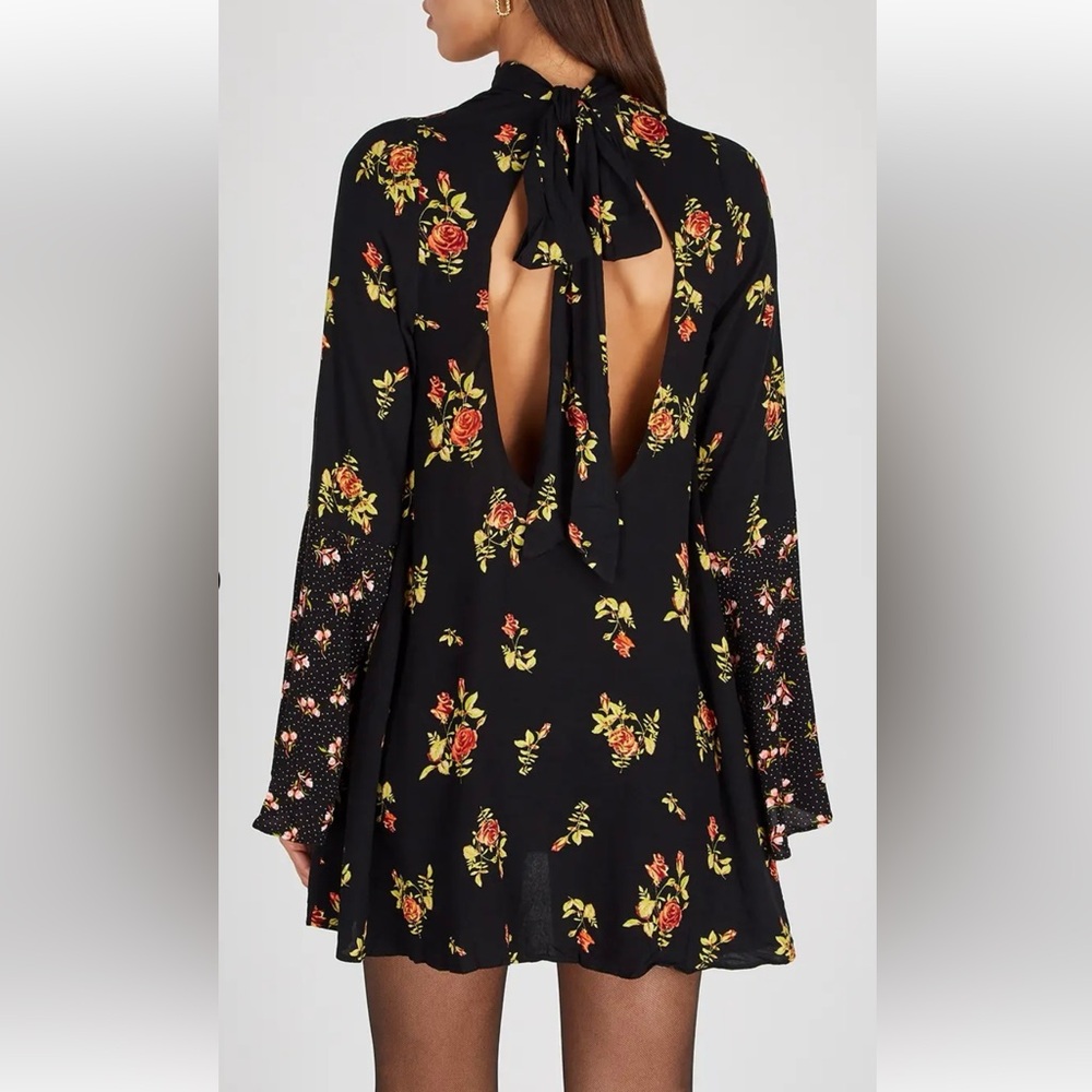 FREE PEOPLE Women’s Tate Black Floral Tie Neck Mini Shift Dress Tunic XS - Picture 2 of 11